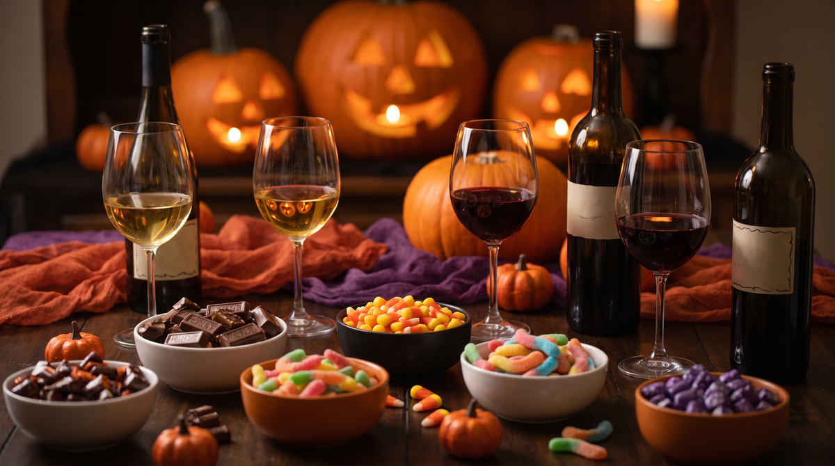 Halloween candy and wine pairing with chocolate, candy corn, and red wine