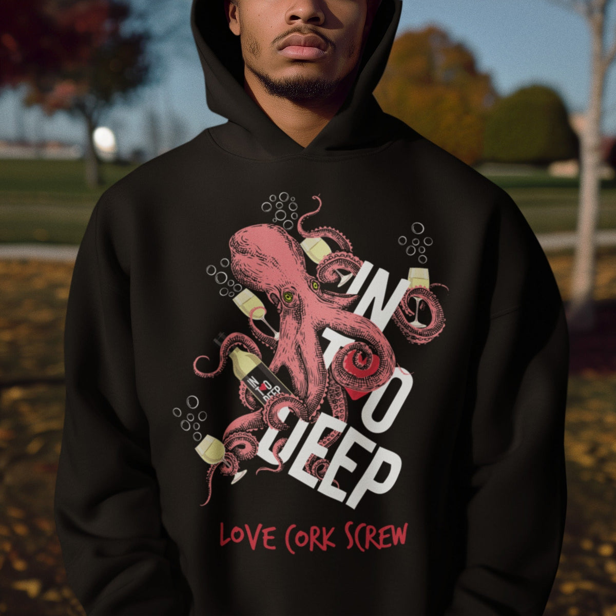 Man wearing the black In Too Deep hoodie by Love Cork Screw