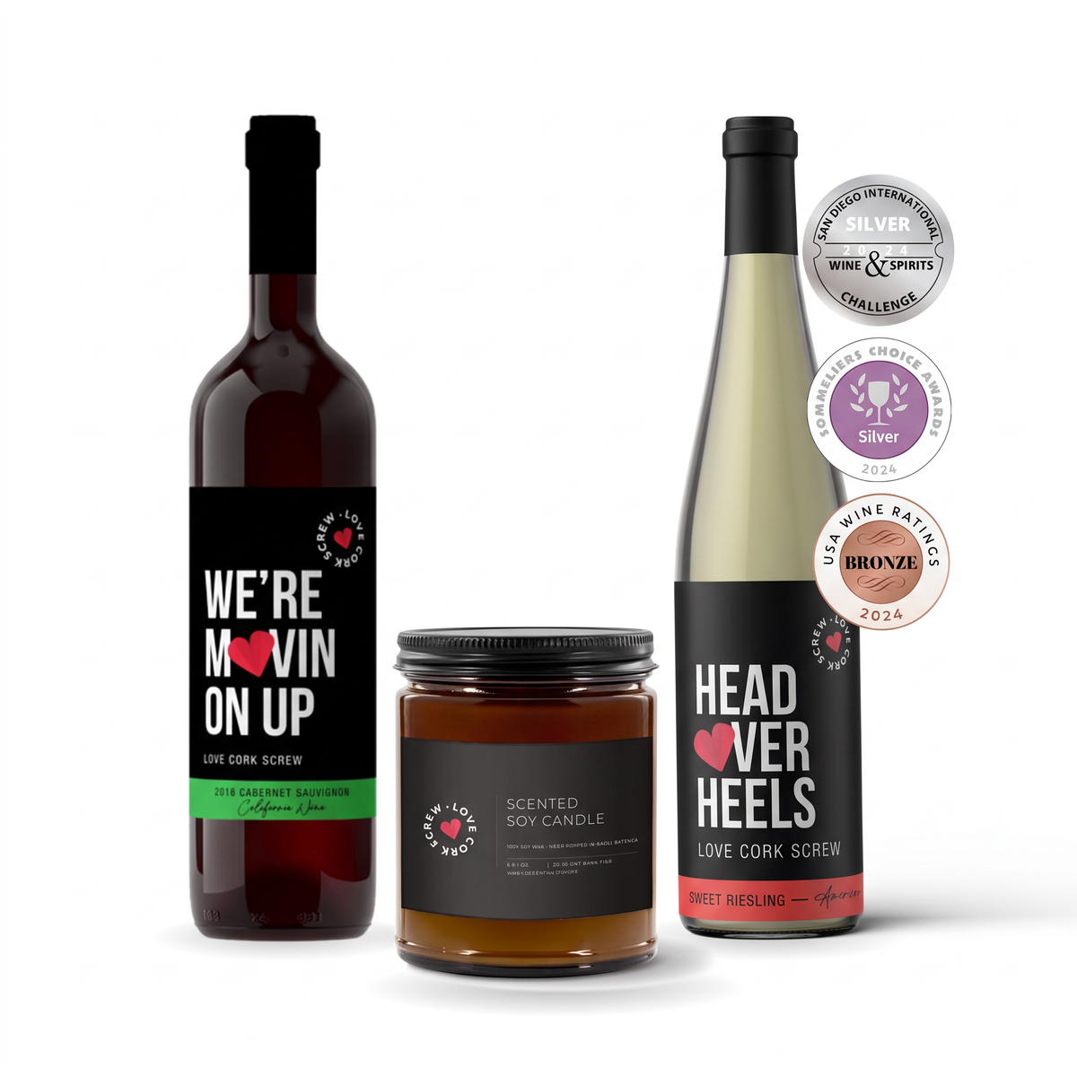 Good Vibes Set: two Love Cork Screw wines with a 9oz soy candle