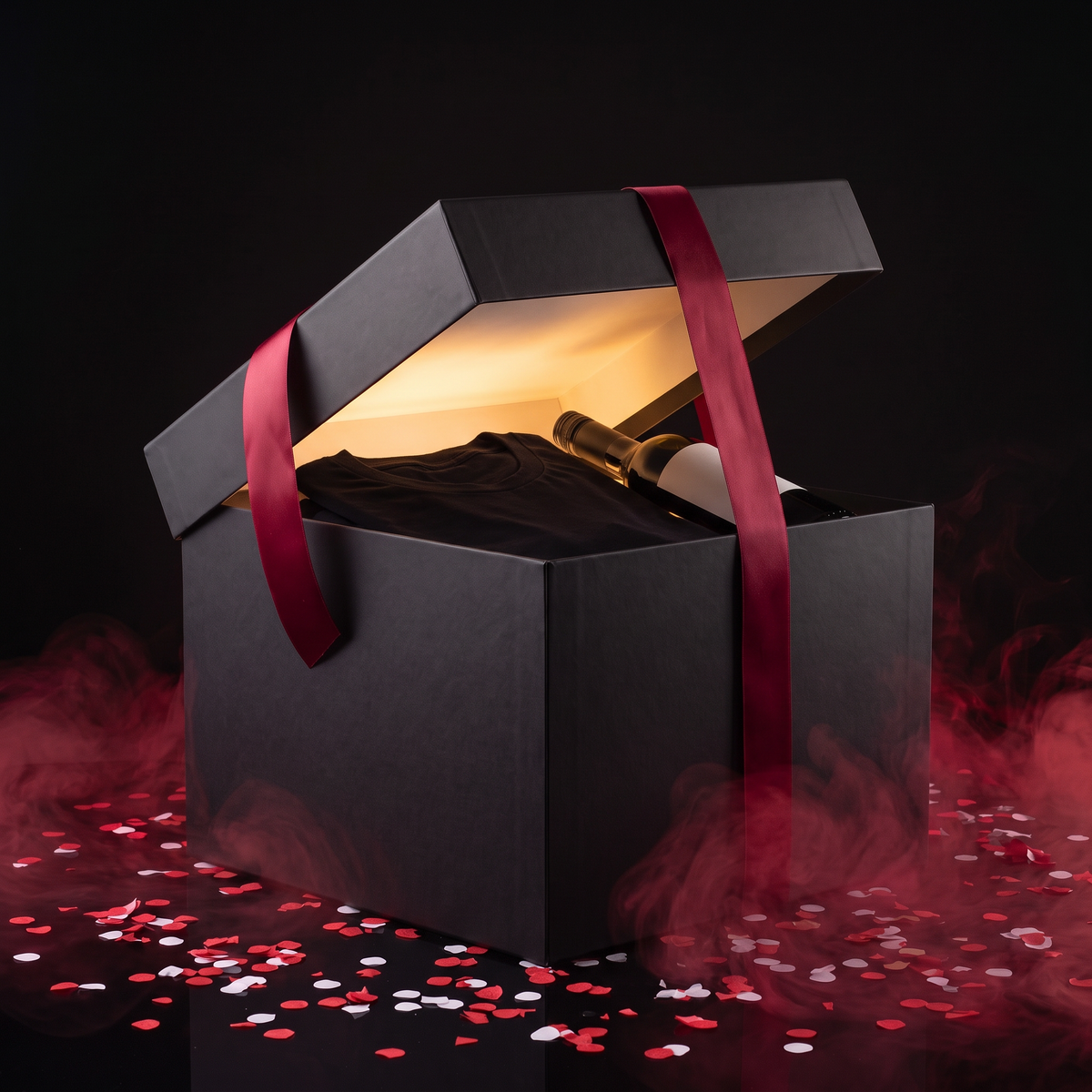 Mystery Sip Box: black gift box with a folded tee and a bottle of wine