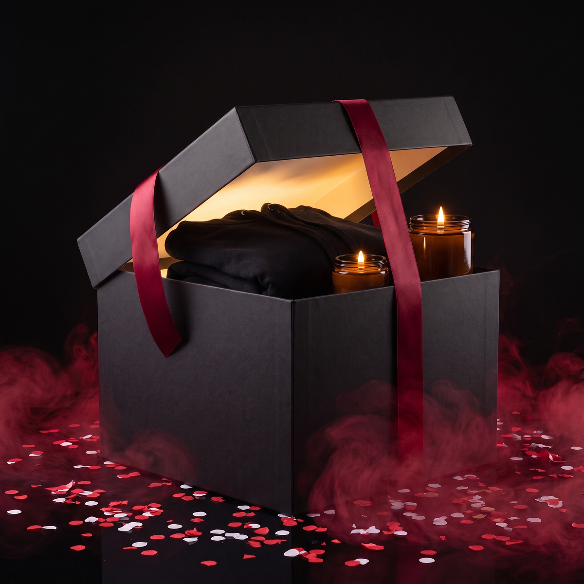 Mystery Cozy Box: black gift box with a folded hoodie and two lit candles, no wine