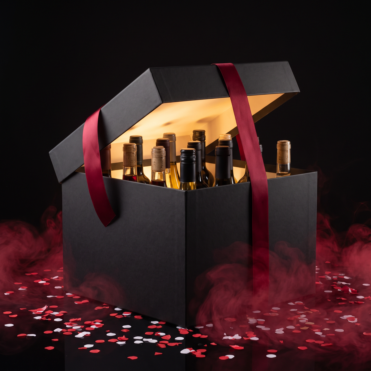 Black mystery wine box with red ribbon and bottles peeking out