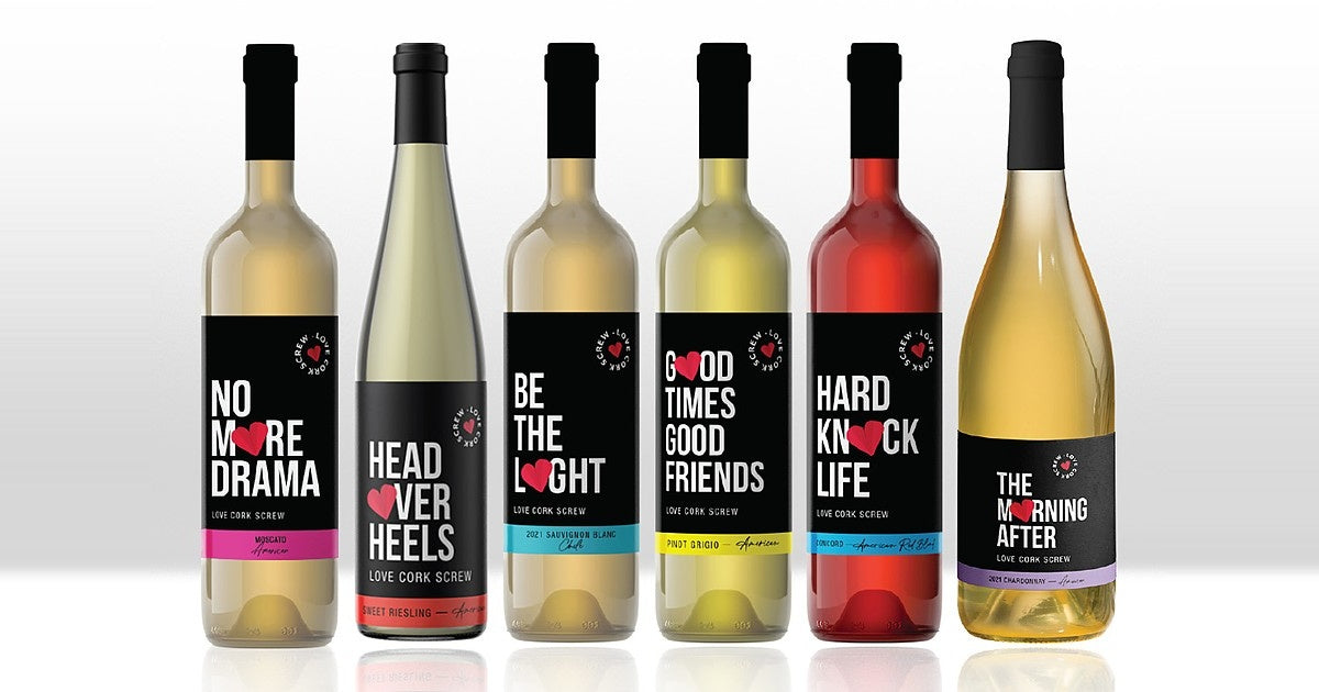 Love Cork Screw 6 Wine Pack: Moscato, Sweet Riesling, Sauvignon Blanc, Pinot Grigio, Concord and Chardonnay. Wines may vary by season.