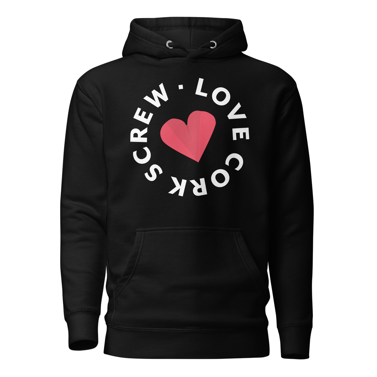 Love Cork Screw logo hoodie in black with white circle lettering and red heart