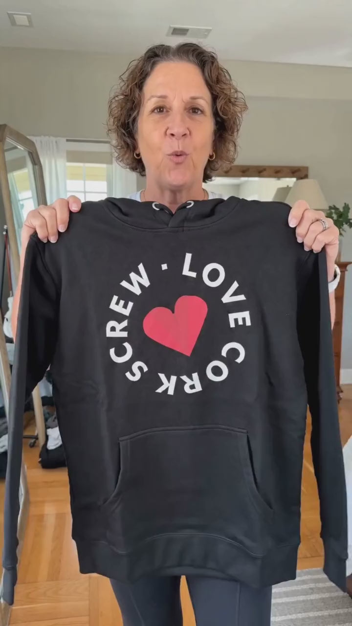 Try-on video of the Love Cork Screw logo hoodie