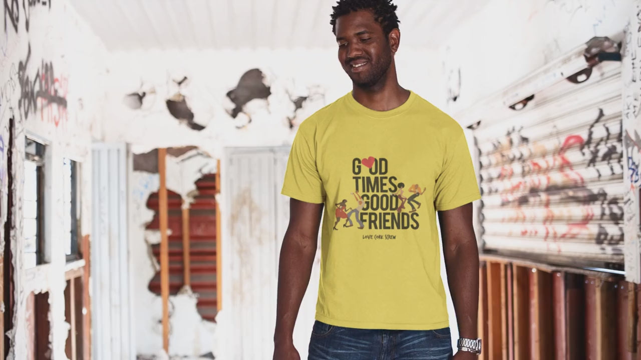 Man wearing the yellow Good Times Good Friends tee by Love Cork Screw