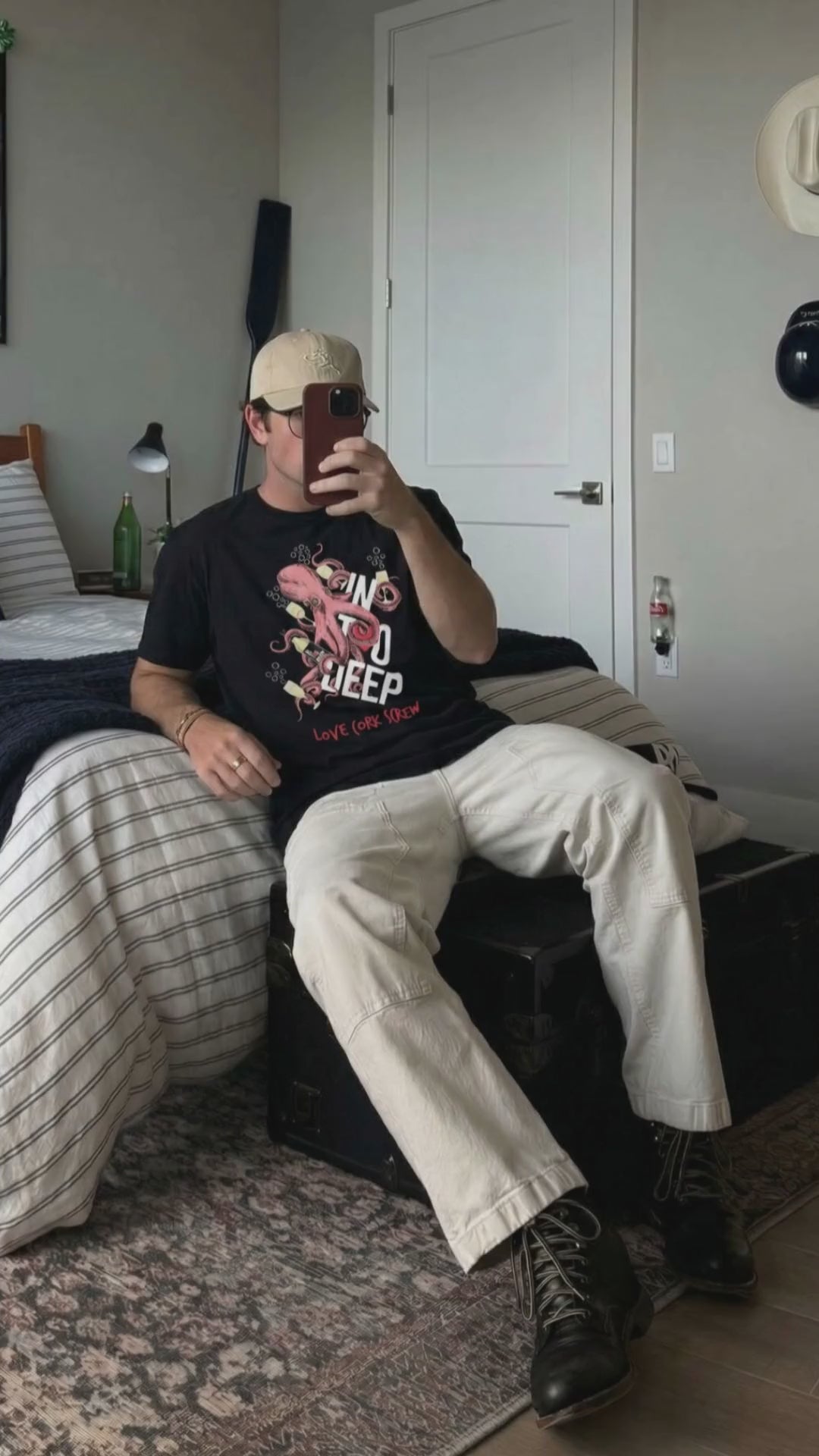 Man wearing the Love Cork Screw In Too Deep octopus tee